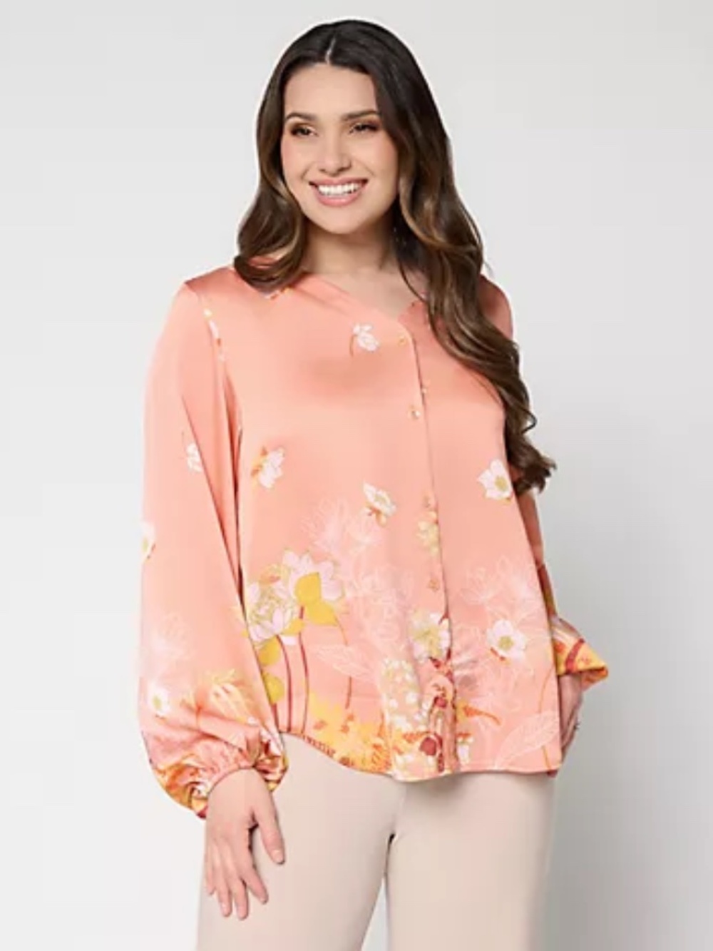 Dennis Basso Regular Printed V-Neck Blouse with Hi/Low Hem, Tangerine Sz M a7280